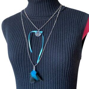 CREATION - OPERA long necklace - Aqua Feather Ribbon Clear beads